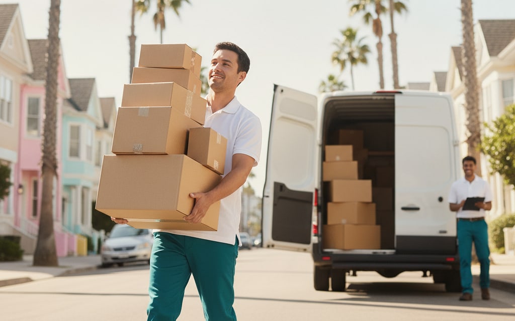 Courier holding a stack of parcels beside a delivery van on a palm-lined Oakland street