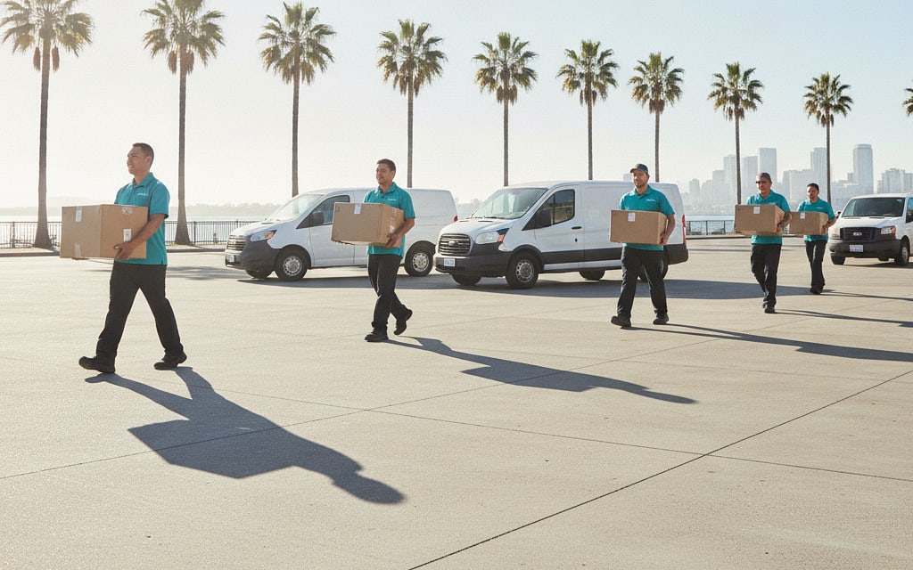 Drivers carrying parcels to a row of vans in the yard at first light