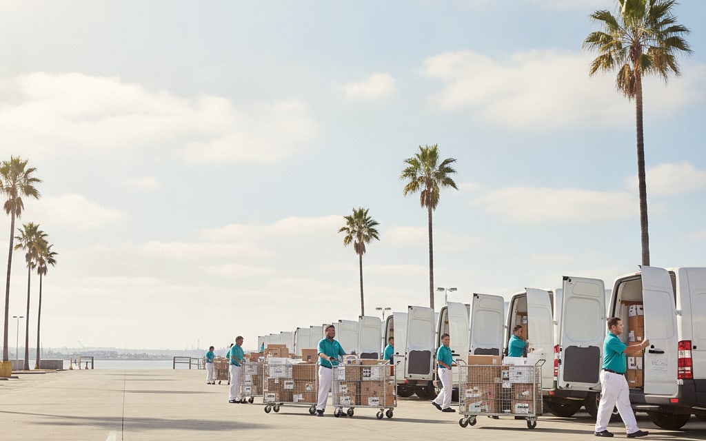 Row of delivery vans outside a depot at dawn as staff wheel parcel carts between them