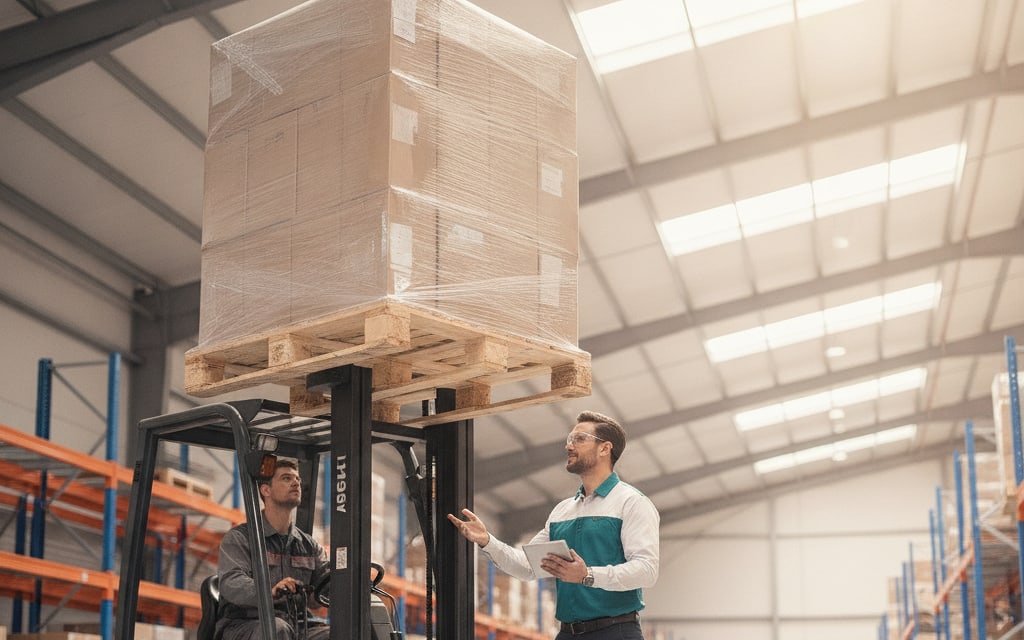 Forklift operator moving a pallet while a colleague checks the load against a tablet