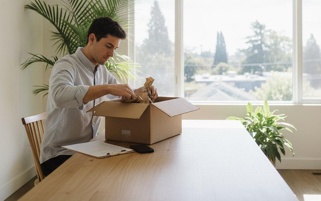 Young man at a window at home checking the contents of a parcel and repacking it