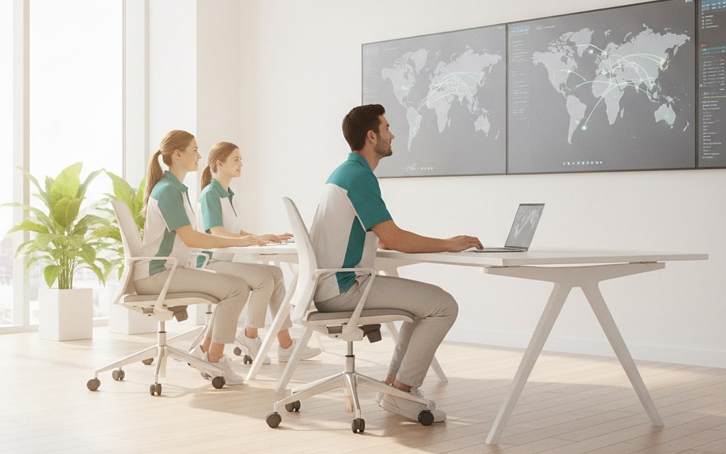 Bright office with wall screens showing shipping routes across the Pacific