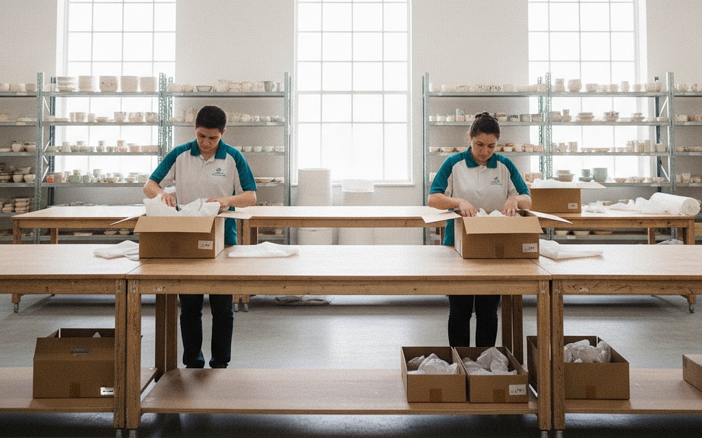 Warehouse worker wrapping ceramic bowls in paper before boxing them at a packing station