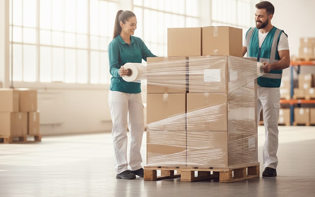 Two warehouse workers wrapping a stacked pallet in stretch film