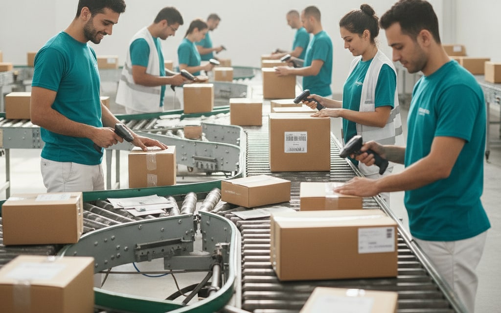 Team sorting parcels on a conveyor belt in a fulfilment centre