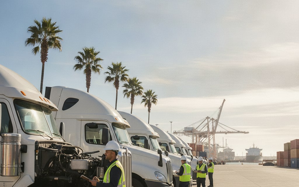 Truck driver inspecting a semi-trailer in the depot yard in early morning light